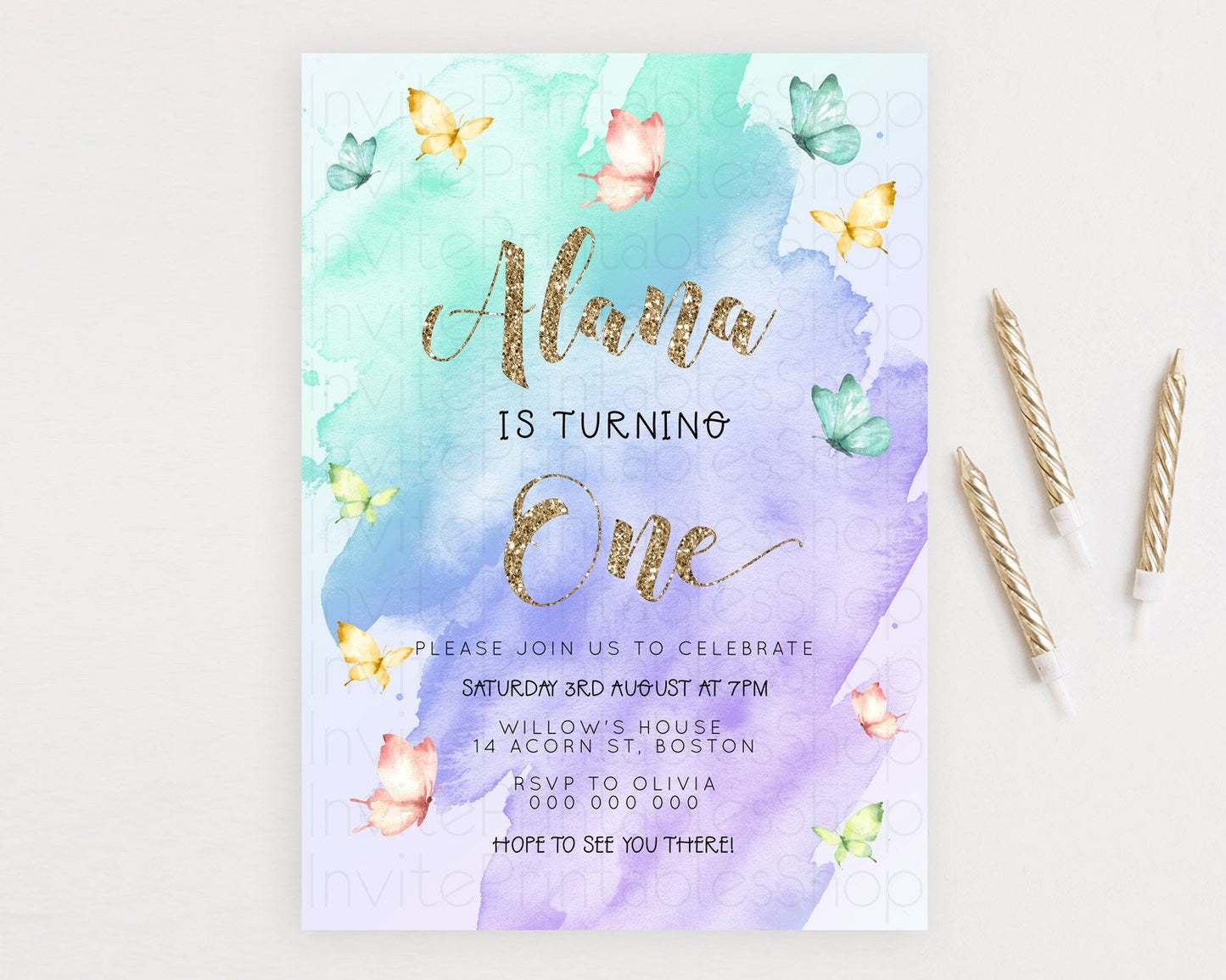 Pastel Butterfly Birthday Invitation Butterfly Birthday Invitation Colorful Splash Glitter Butterfly Garden 1st 2nd Birthday D23241