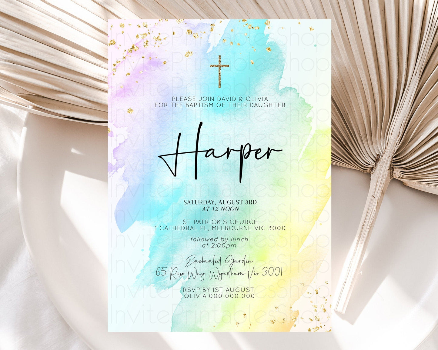 Pastel Baptism Invitation Pastel Colors Watercolor Baptism 1st Birthday Party Gold Ombre Pastel Rainbow Christening Holy Communion D10171