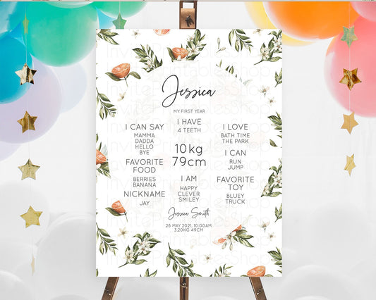 Citrus First Birthday Milestone Board Lemon Milestone Poster Orange Milestone Poster Citrus Floral Décor 1st Birthday Welcome Sign D10545