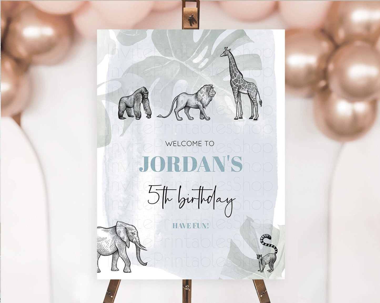 Safari Welcome Sign Safari Welcome Board Lion Gorilla Elephant Rhino Tropical Palm Zoo Party Decor First Birthday Welcome Sign D10821
