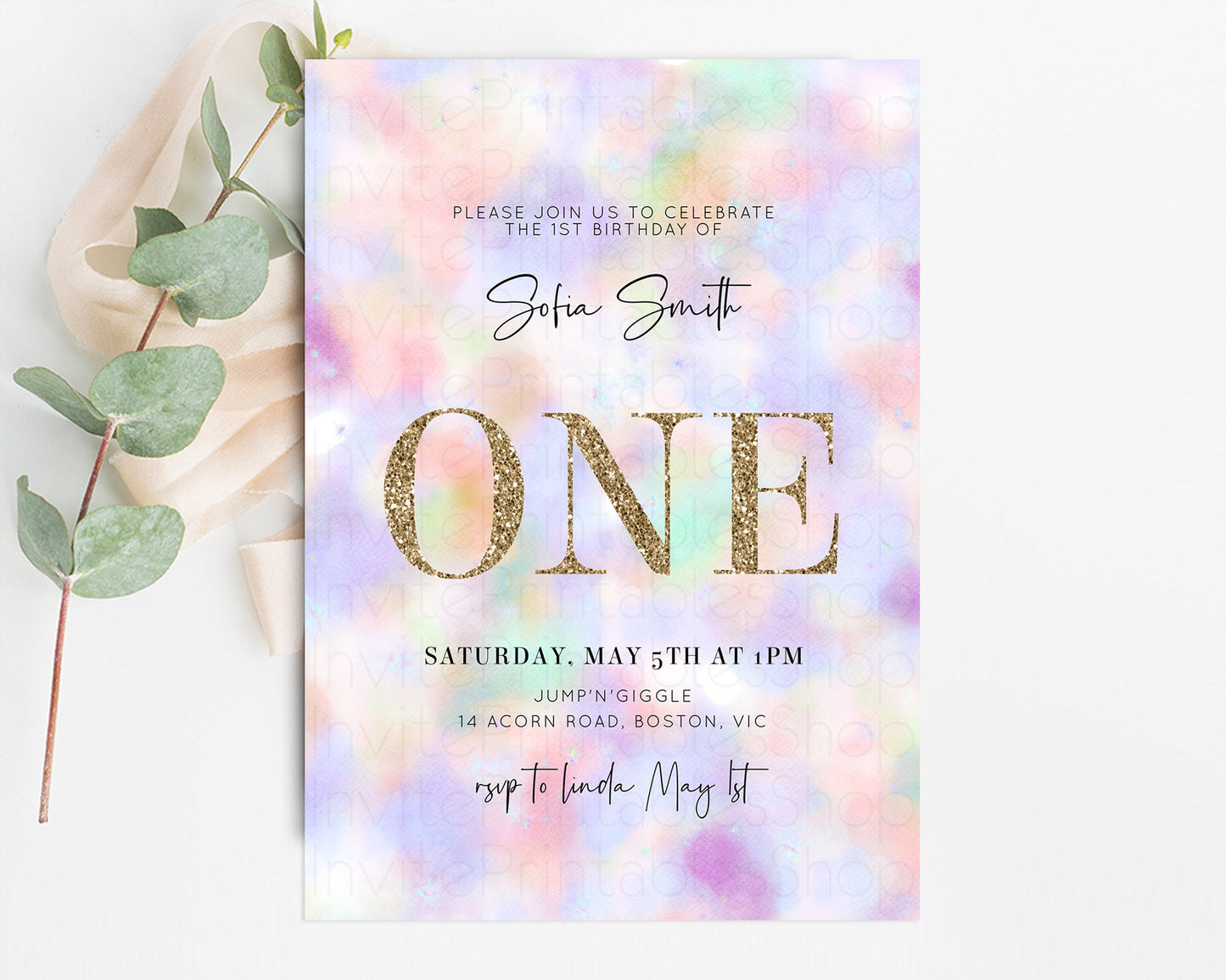 Rainbow Birthday Invitation Pastel Birthday Invite Ombre Watercolor Invite Enchanted Theme Colorful Splash Glitter Sprinkles 1st 2nd 3rd