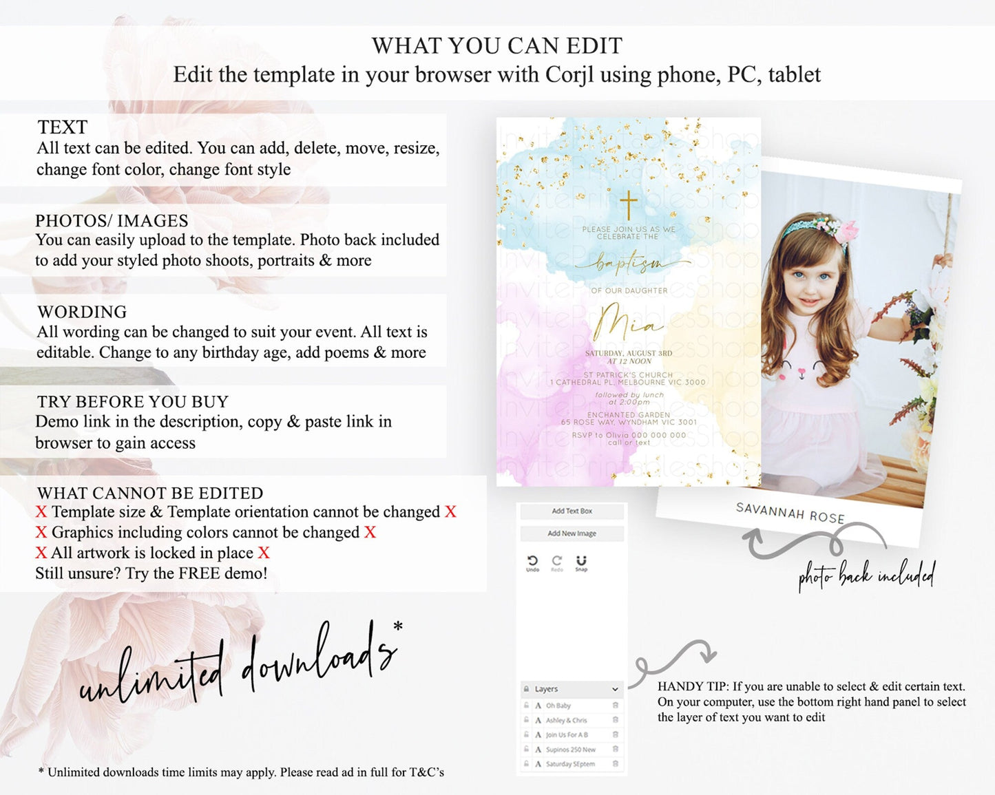 Pastel Baptism Invitation Pastel Colors Watercolor Baptism 1st Birthday Party Gold Ombre Pastel Rainbow Christening Holy Communion D10204