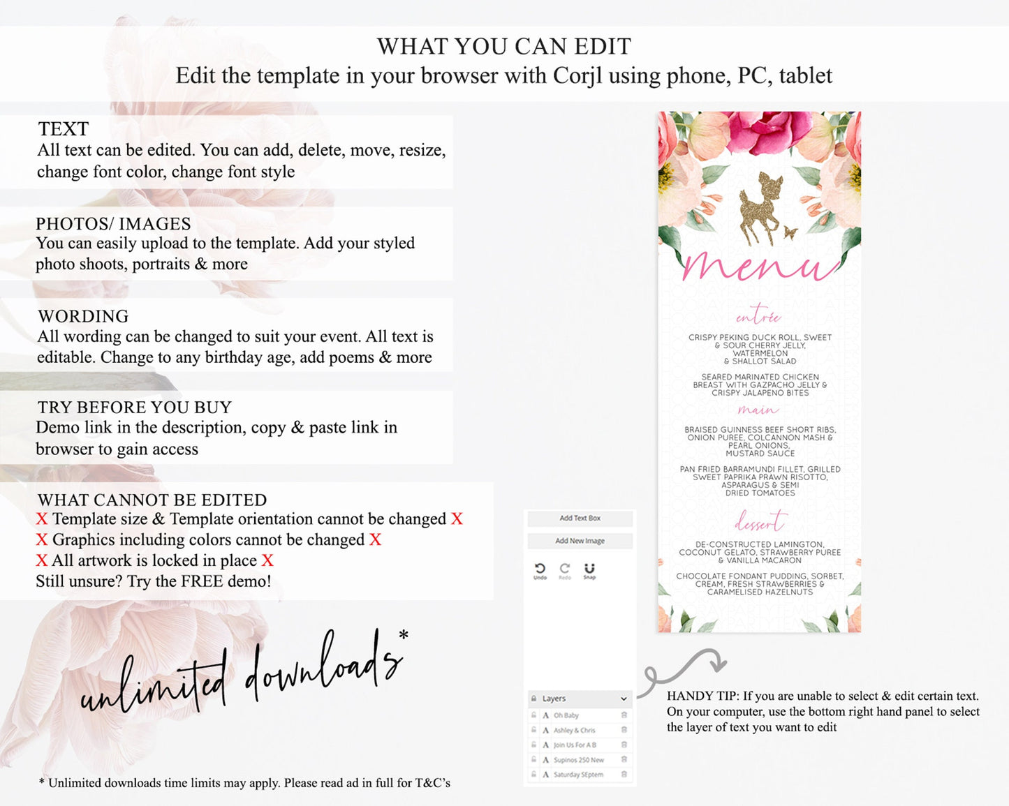 Fawn Menu Deer Menu Template Pastel Floral Deer Table Decor Enchanted Forest Butterfly Floral Dinner Dessert Menu Party Food Menu D10326