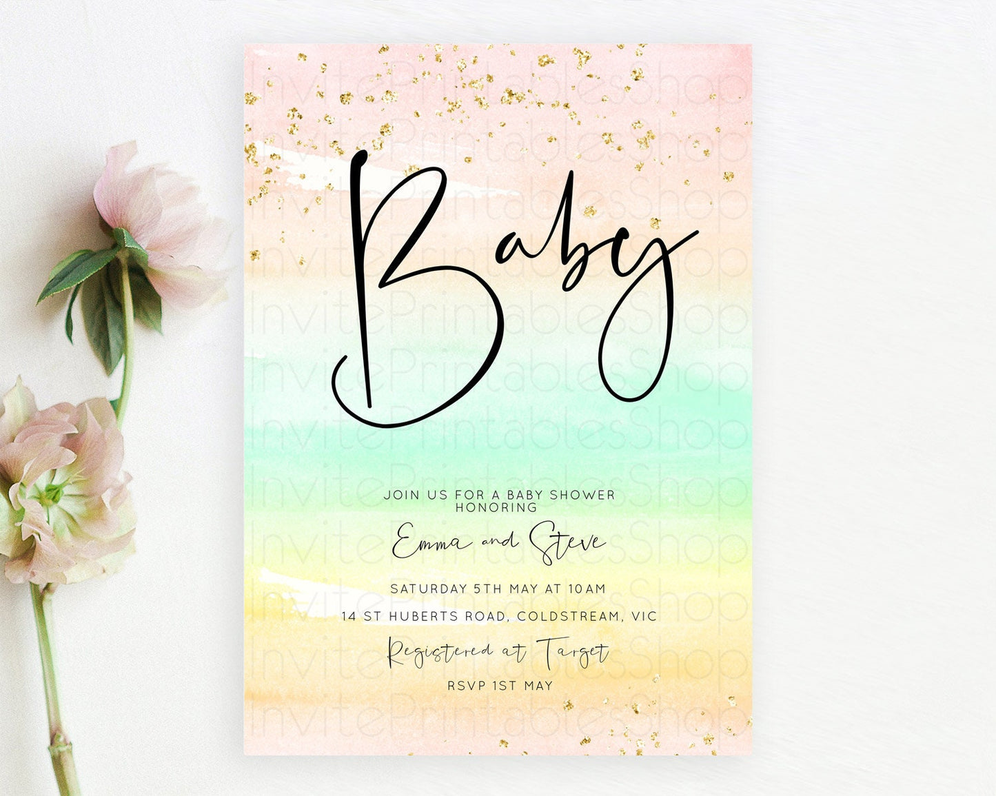 Pastel Baby Shower Invitation Rainbow Baby Shower Invitation Colorful Pastel Watercolor Invitation Gold Glitter Sprinkles Ombre D10591