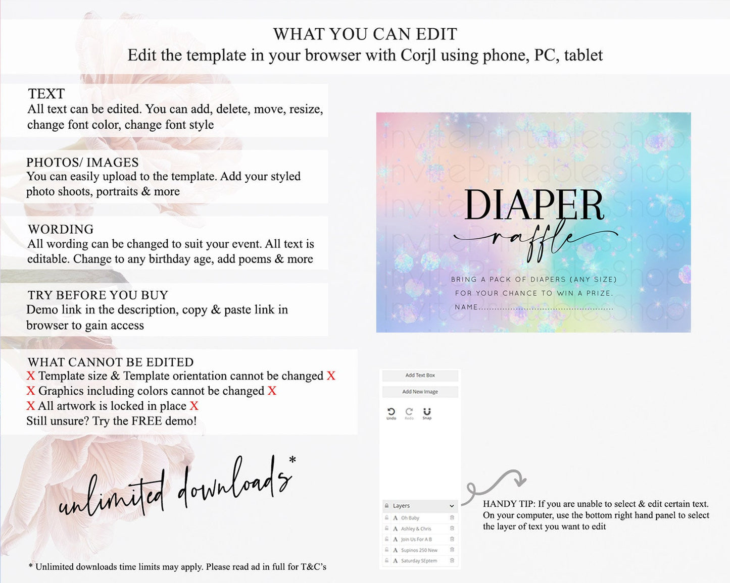 Rainbow Diaper Raffle Card Pastel Diaper Insert Colorful Pastel Watercolor Ombre Diaper Ticket Iridescent Sprinkles Raffle Game D10665