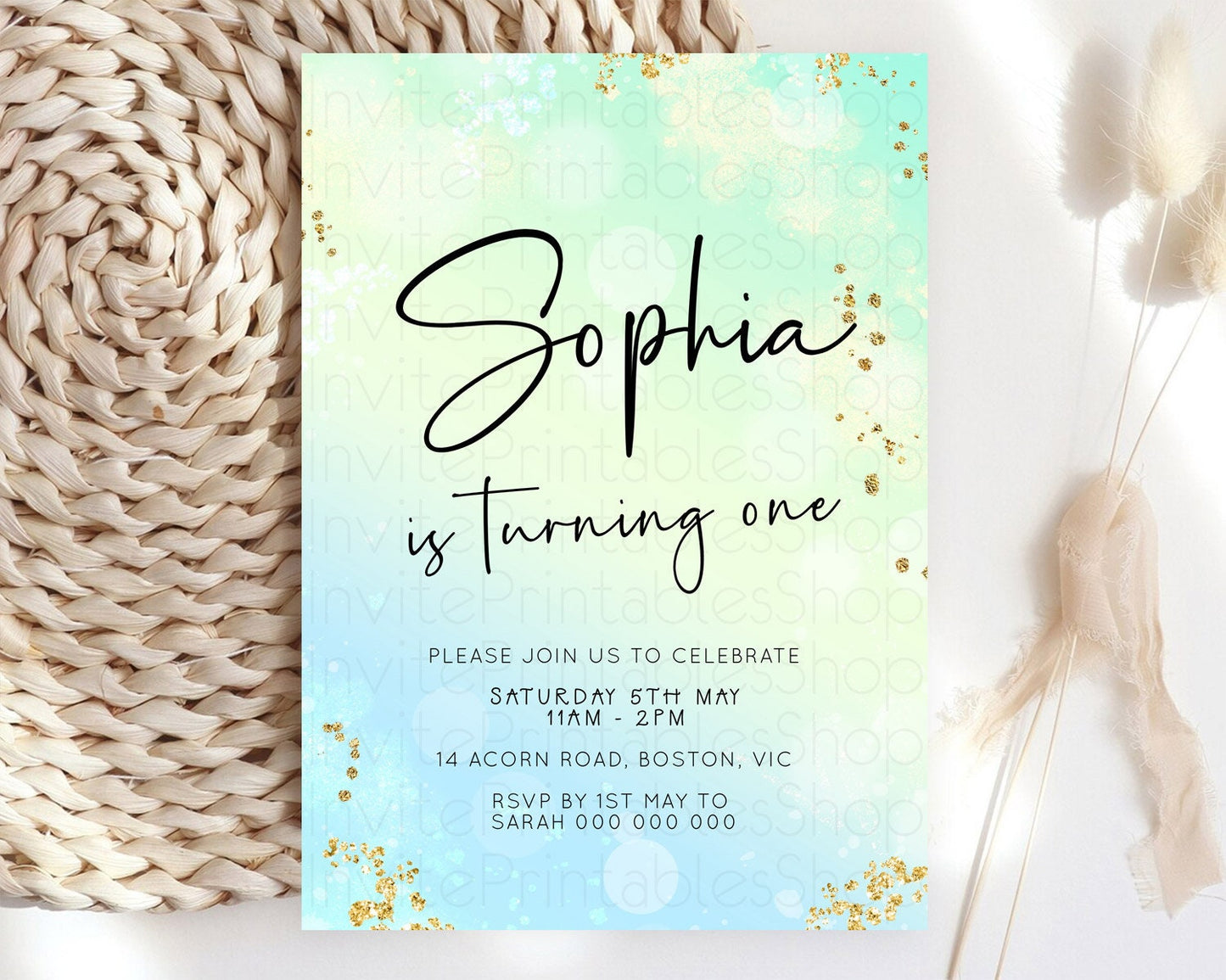 Green Birthday Invitation green Watercolor Invitation Pastel green Watercolor Invitation green Splash Gold Invitation First Birthday D23096