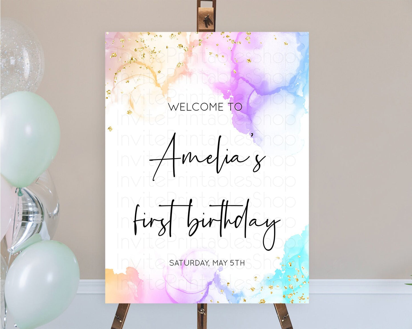Pastel Welcome Sign Pastel Rainbow Welcome Sign Colorful Rainbow Confetti Watercolor Glitter Pastel First Birthday Welcome Sign D10180
