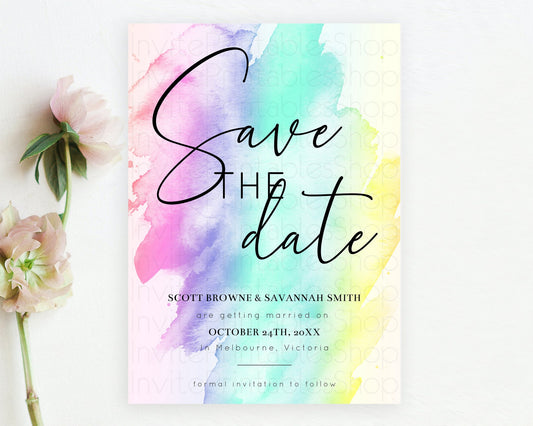 Editable Pastel Save The Date Template Pastel Ombre Rainbow Watercolor Color