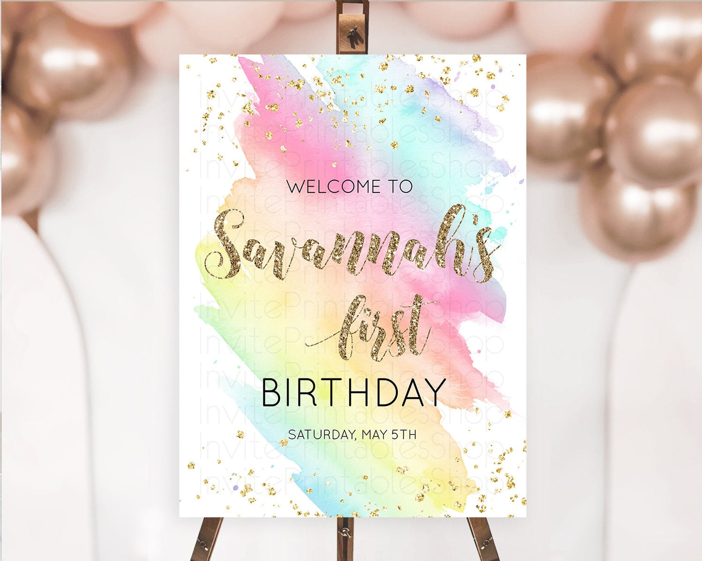 Pastel Welcome Sign Pastel Rainbow Welcome Sign Colorful Rainbow Confetti Watercolor Glitter Pastel First Birthday Welcome Sign D10495