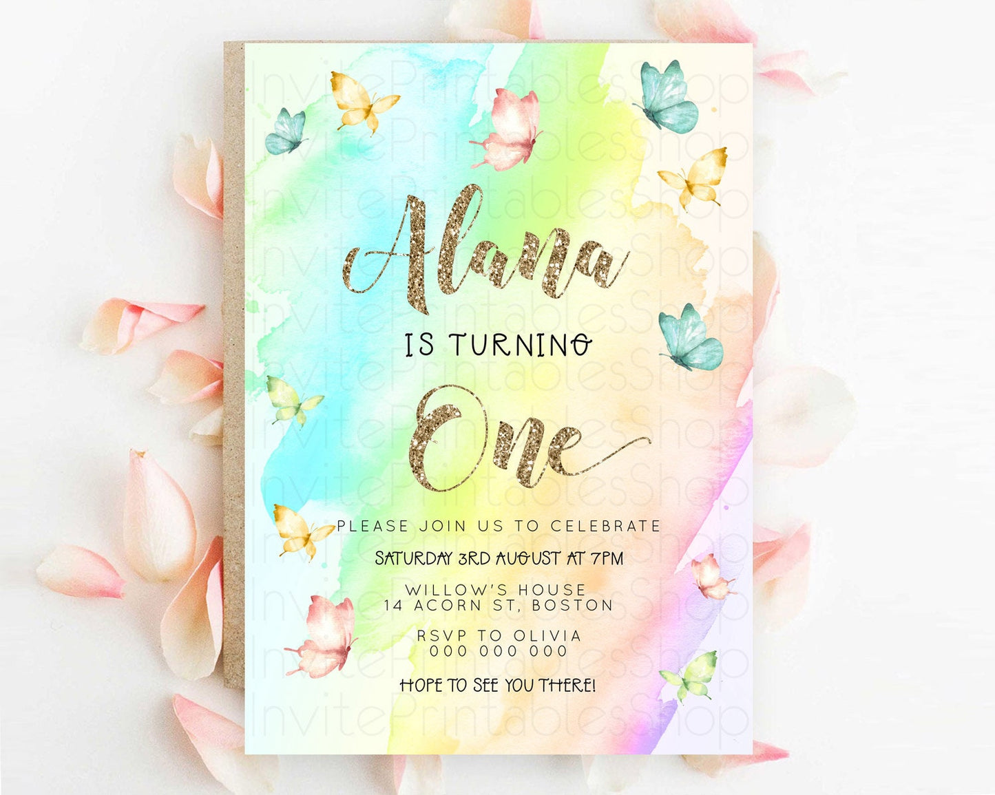 Pastel Butterfly Birthday Invitation Butterfly Birthday Invitation Colorful Splash Glitter Butterfly Garden 1st 2nd Birthday D23235