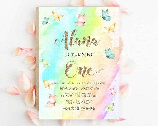 Pastel Butterfly Birthday Invitation Butterfly Birthday Invitation Colorful Splash Glitter Butterfly Garden 1st 2nd Birthday D23235