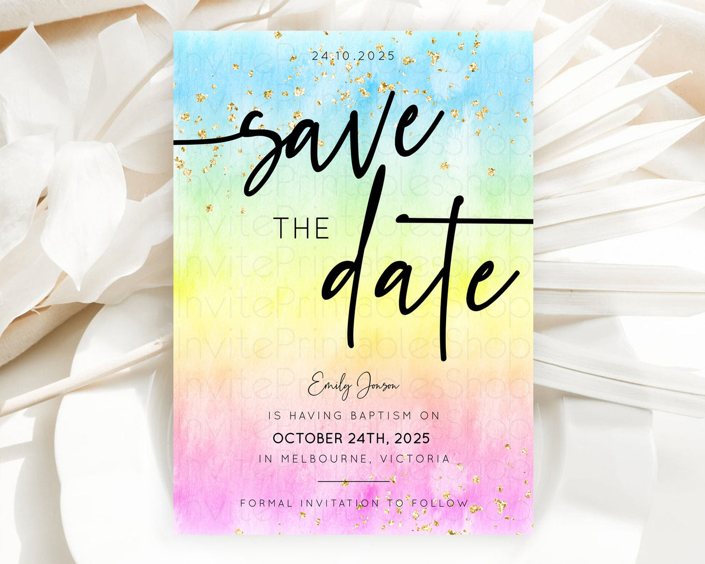 Pastel Save The Date Template Pastel Ombre Rainbow Watercolor Colorful Party For Birthday Baptism Baby Shower Wedding Bridal Shower D10480