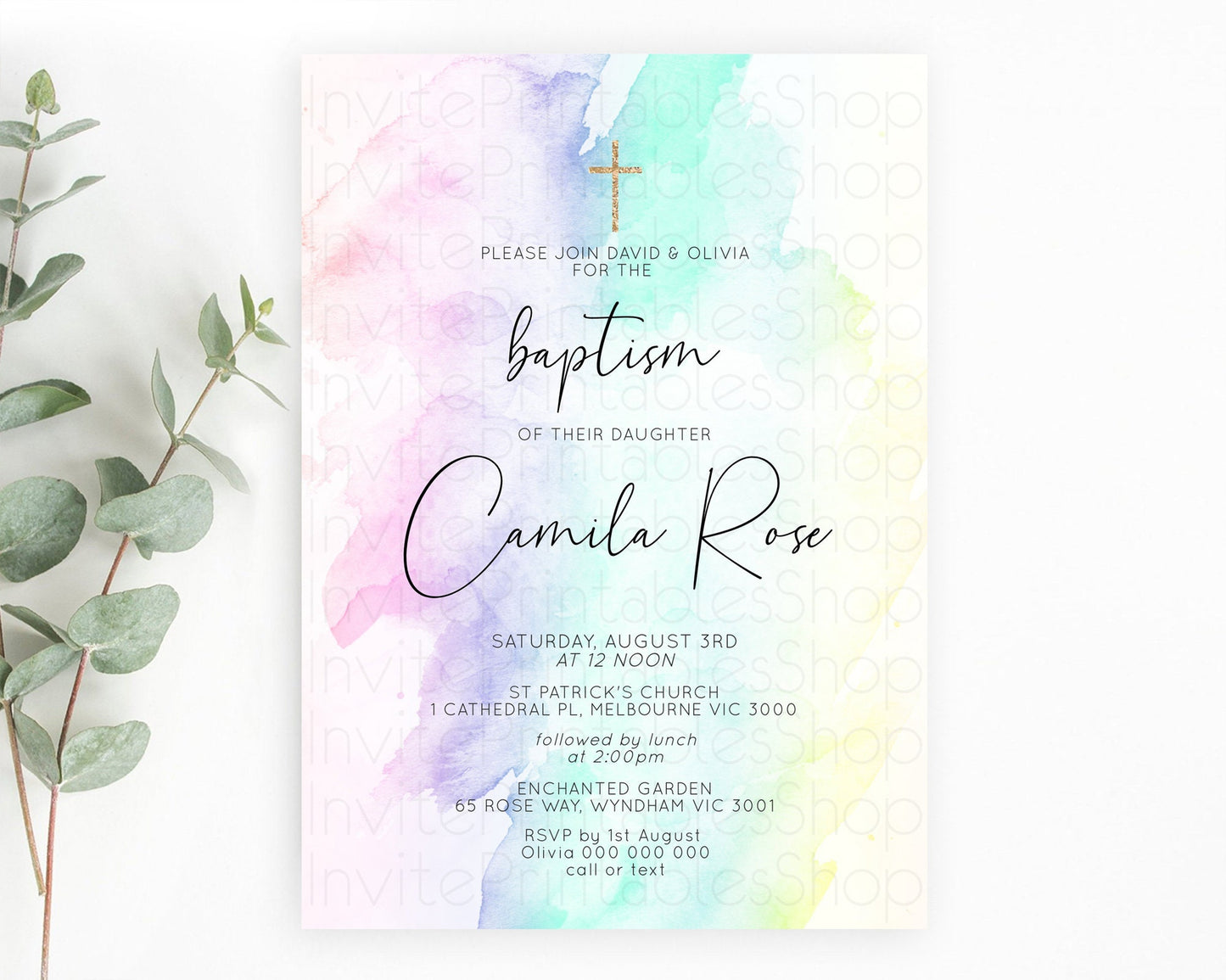 Pastel Baptism Invitation Pastel Colors Watercolor Baptism 1st Birthday Party Gold Ombre Pastel Rainbow Christening Holy Communion D10231