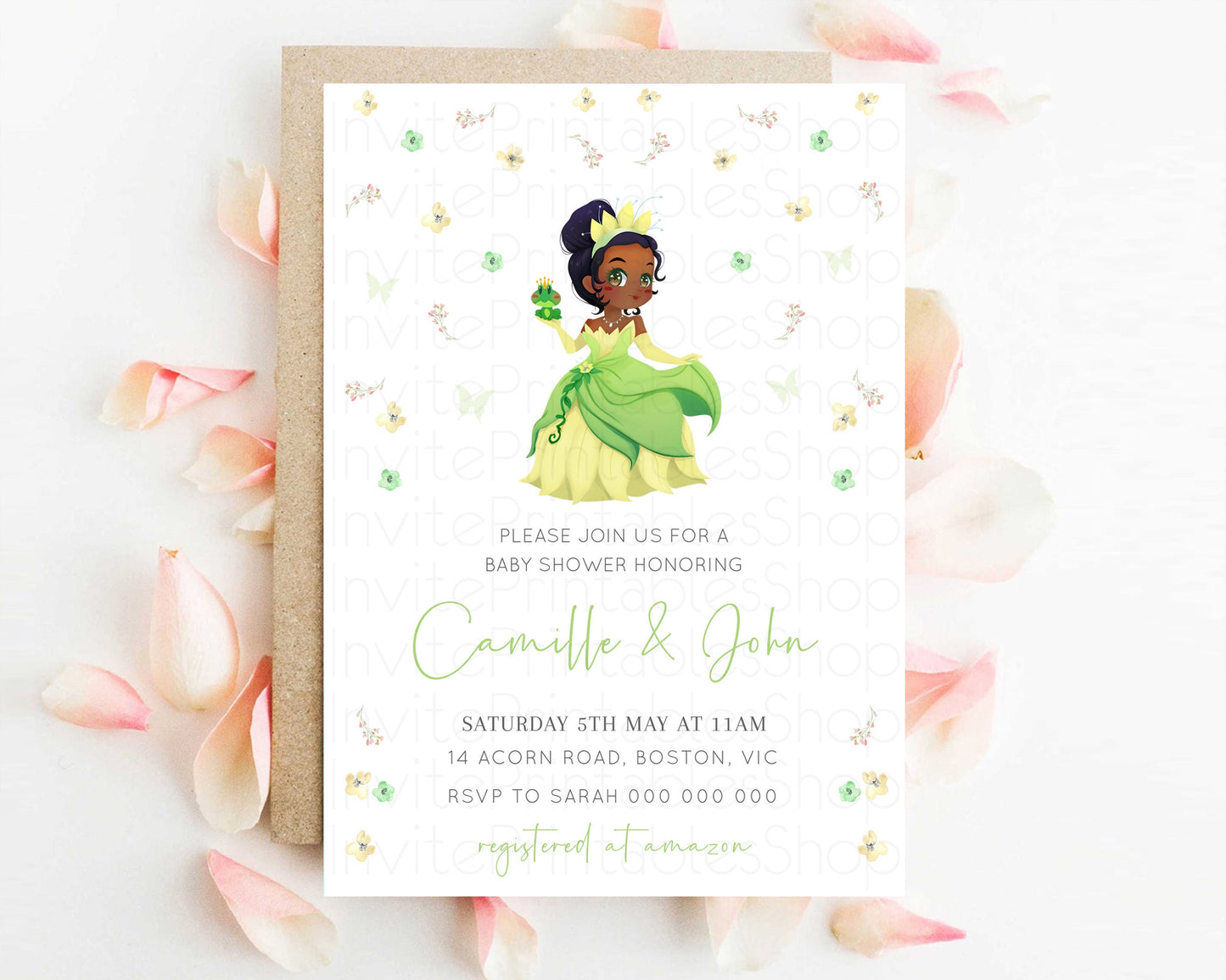 Princess Tiana Baby Shower Castle Invitation Tiana Invite Confetti Florals Secret Garden Enchanted Castle Magical Butterflies Flutters 425