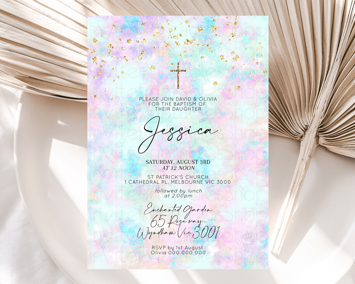 Pastel Baptism Invitation Pastel Colors Watercolor Baptism 1st Birthday Party Gold Ombre Pastel Rainbow Christening Holy Communion D10652