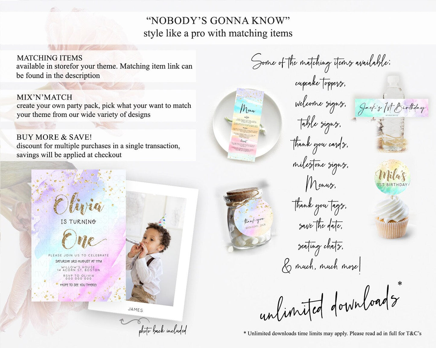 Rainbow Birthday Invitation Colorful Pastel Watercolor Invitation Gold Glitter Sprinkles Ombre Pastel 1st 2nd 3rd Birthday D23283