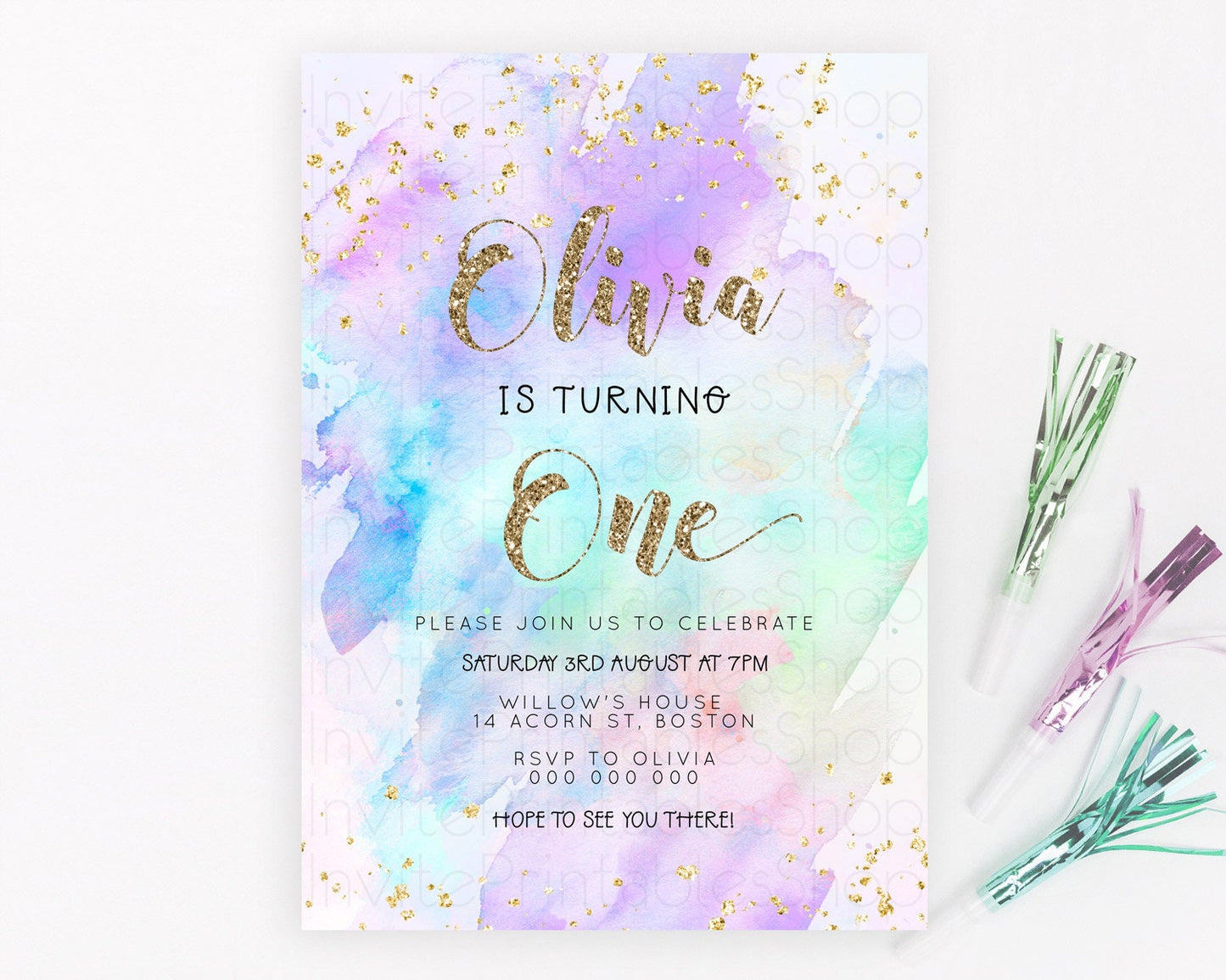 Rainbow Birthday Invitation Colorful Pastel Watercolor Invitation Gold Glitter Sprinkles Ombre Pastel 1st 2nd 3rd Birthday D23291