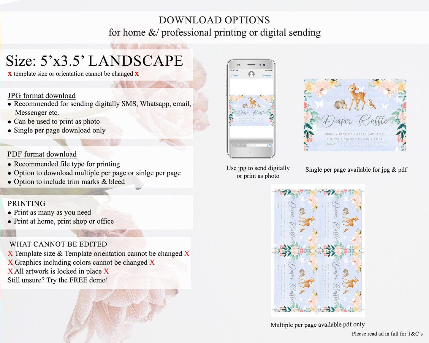 Fawn Diaper Raffle Card Deer Diaper Insert Floral Deer Diaper Ticket Enchanted Forest Butterfly Pastel Baby Shower Raffle Game D10920