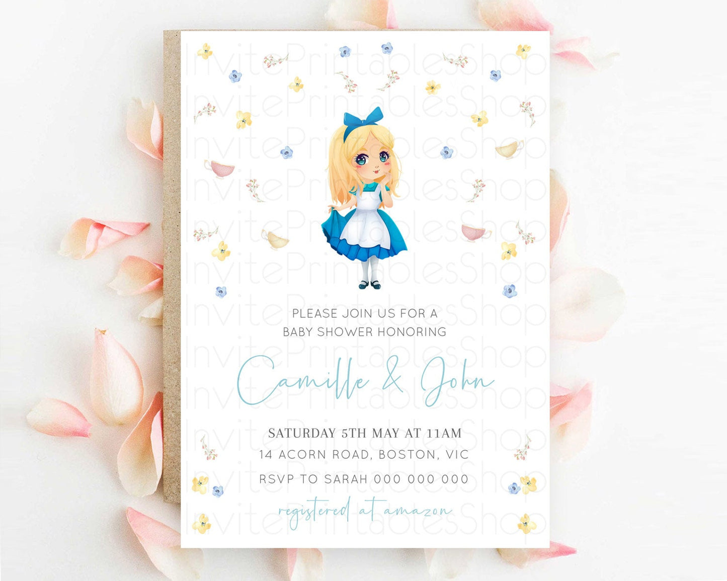 Wonderland Baby Shower Invitation- Garden Tea Party, Tea Cup, Blooms Botanical, Secret Garden Confetti Pastel Blue Yellow Pink Floral D10886