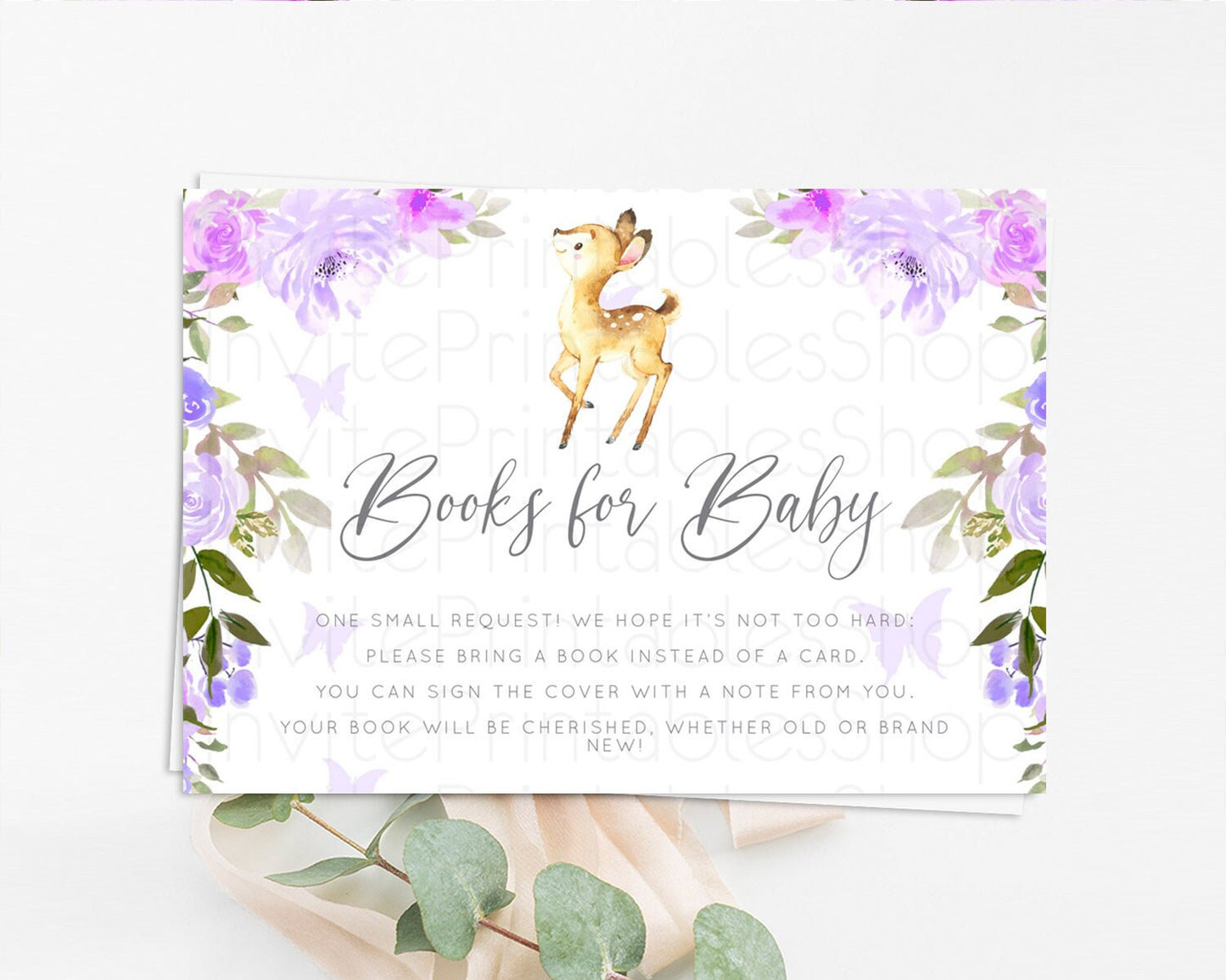 Fawn Books For Baby Card Deer Book Insert Floral Deer Book Card Enchanted Forest Butterfly Pastel Baby Shower Book Poem Request D10916