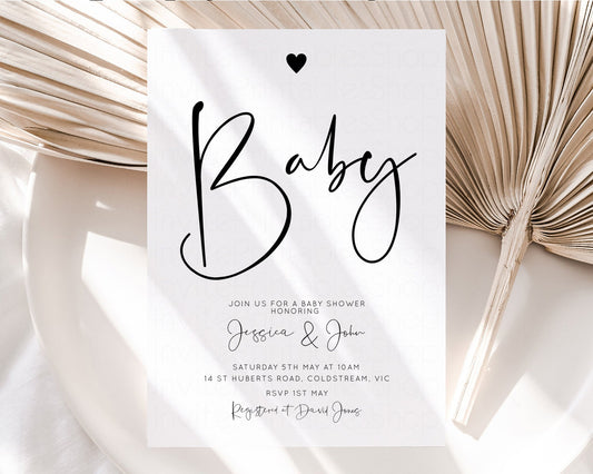 White Black Baby Shower Invitation White Baby Shower Love Heart Invitation Modern Baby Shower Simple Baby Shower wh101