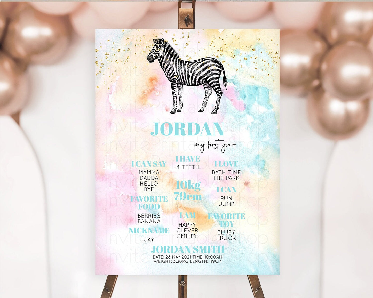 Pastel Zebra First Birthday Milestone Board Zebra Milestone Poster Colorful Rainbow Pastel Watercolor 1st Birthday Welcome Sign D10281