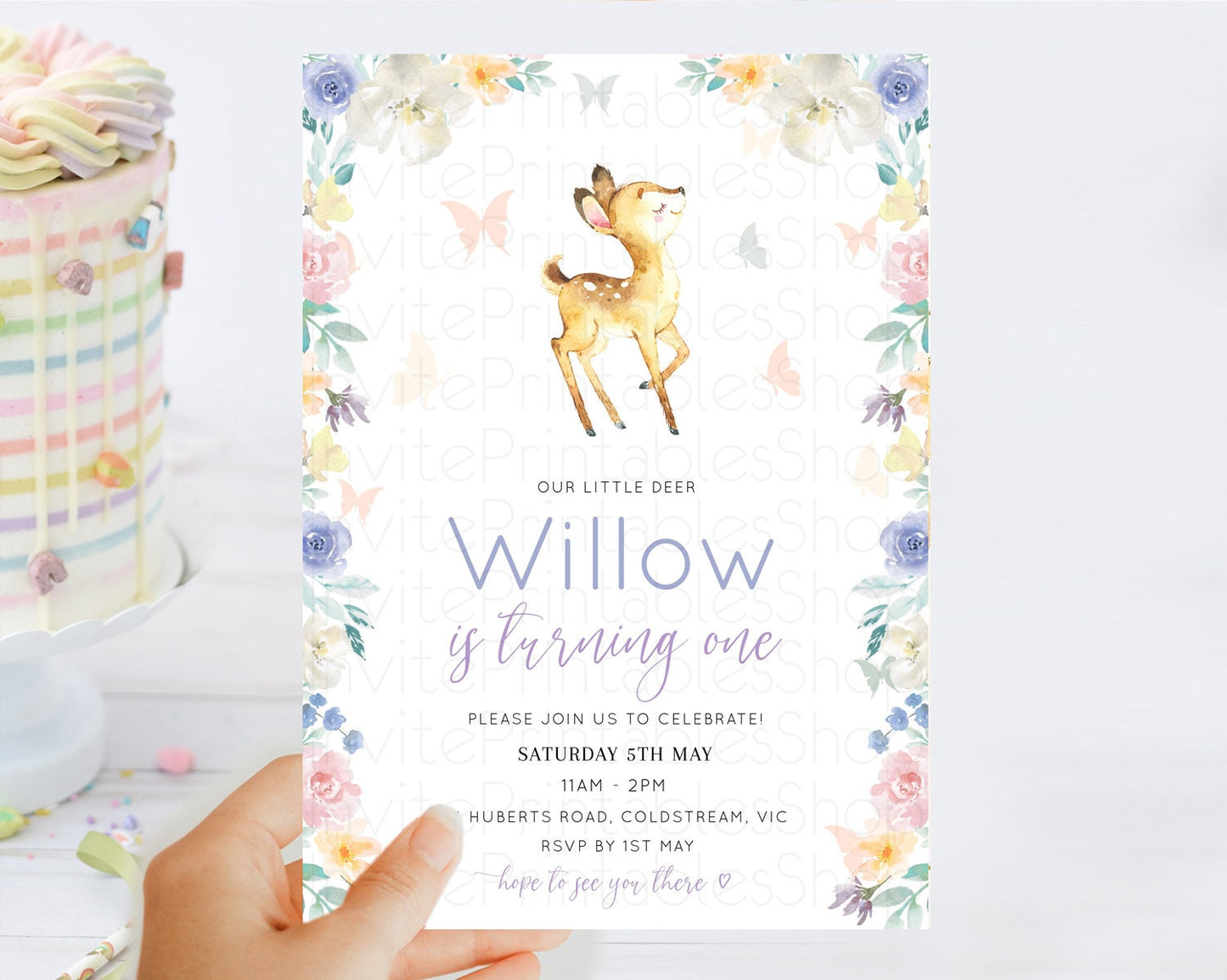 Fawn Birthday Invitation Deer Birthday Invitation Enchanted Forest Party Butterfly Pastel Flowers Whimsical 2nd 1st First Birthday D11001