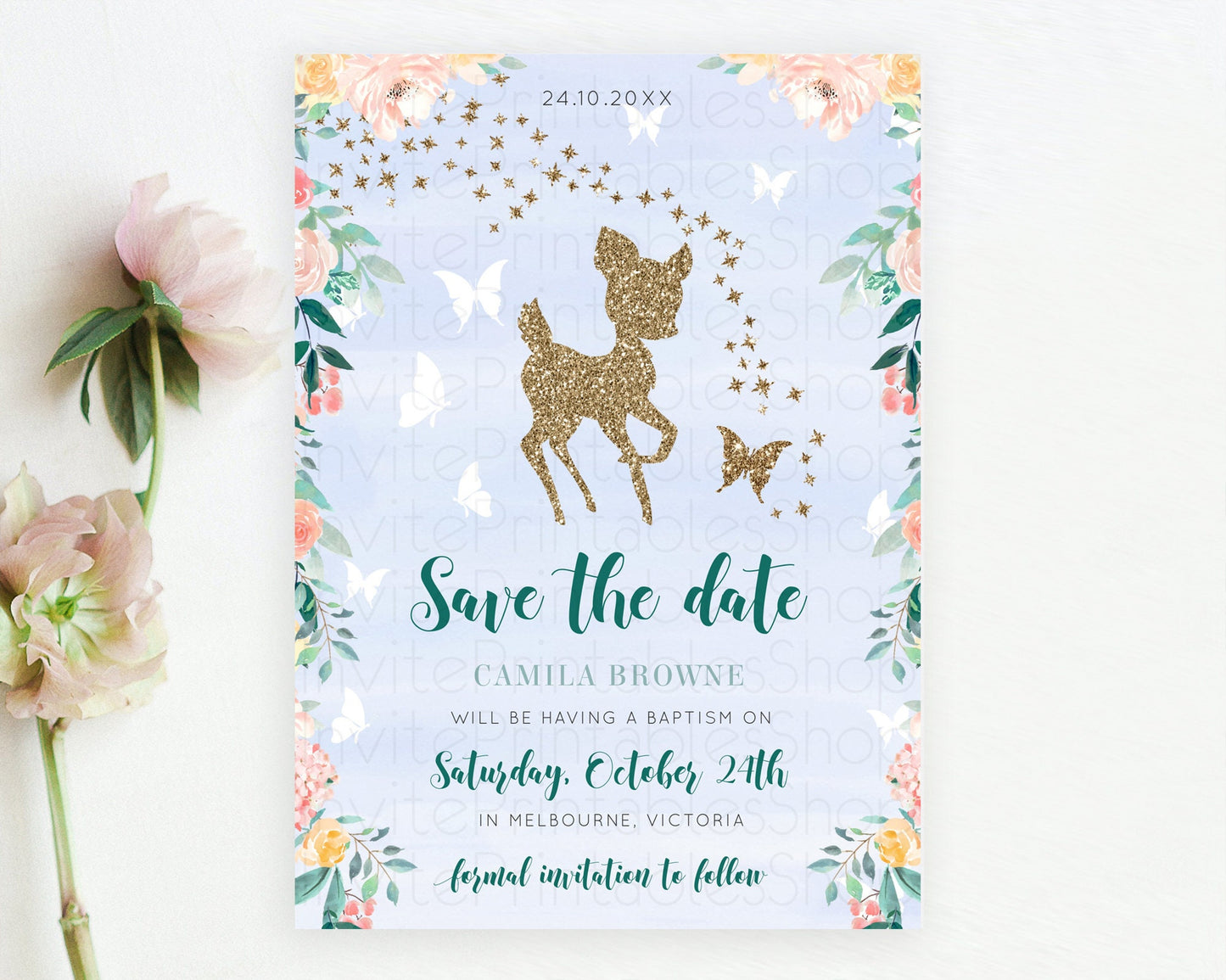 Fawn Deer Save The Date Template Pastel Floral Deer Enchanted Forest Butterfly Party 1st Birthday Baptism Baby Shower Bridal Shower D10875