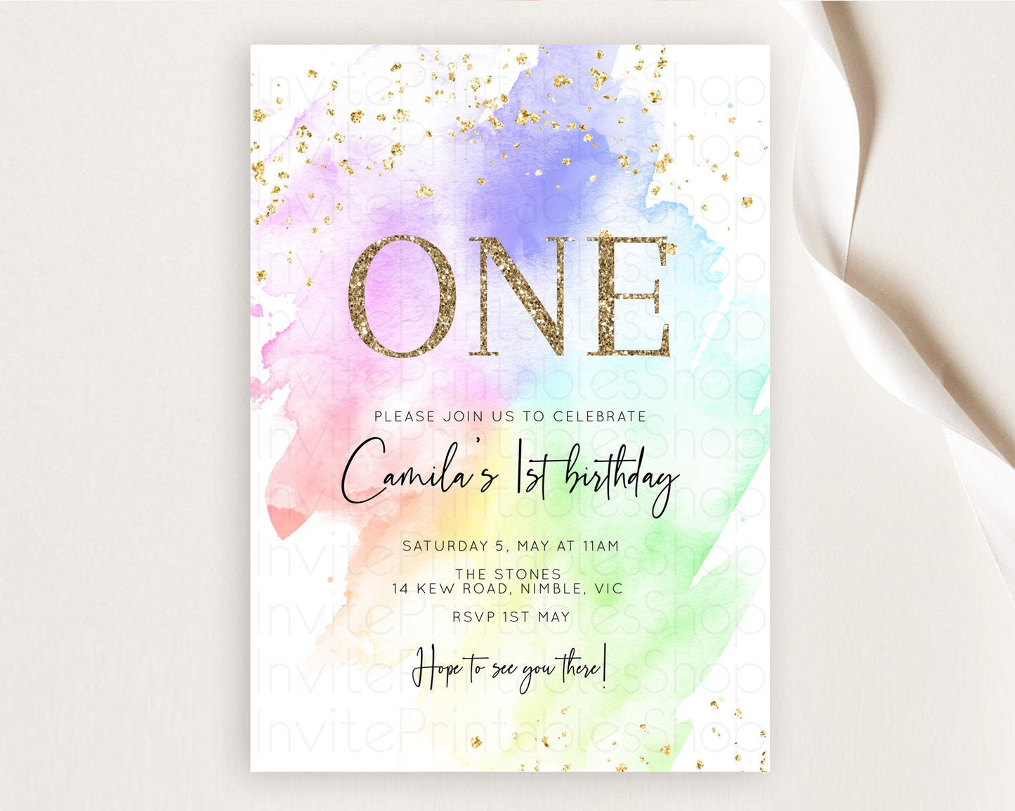 Rainbow Birthday Invitation Colorful Pastel Watercolor Invitation Gold Glitter Sprinkles Ombre Pastel 1st 2nd 3rd Birthday D10316