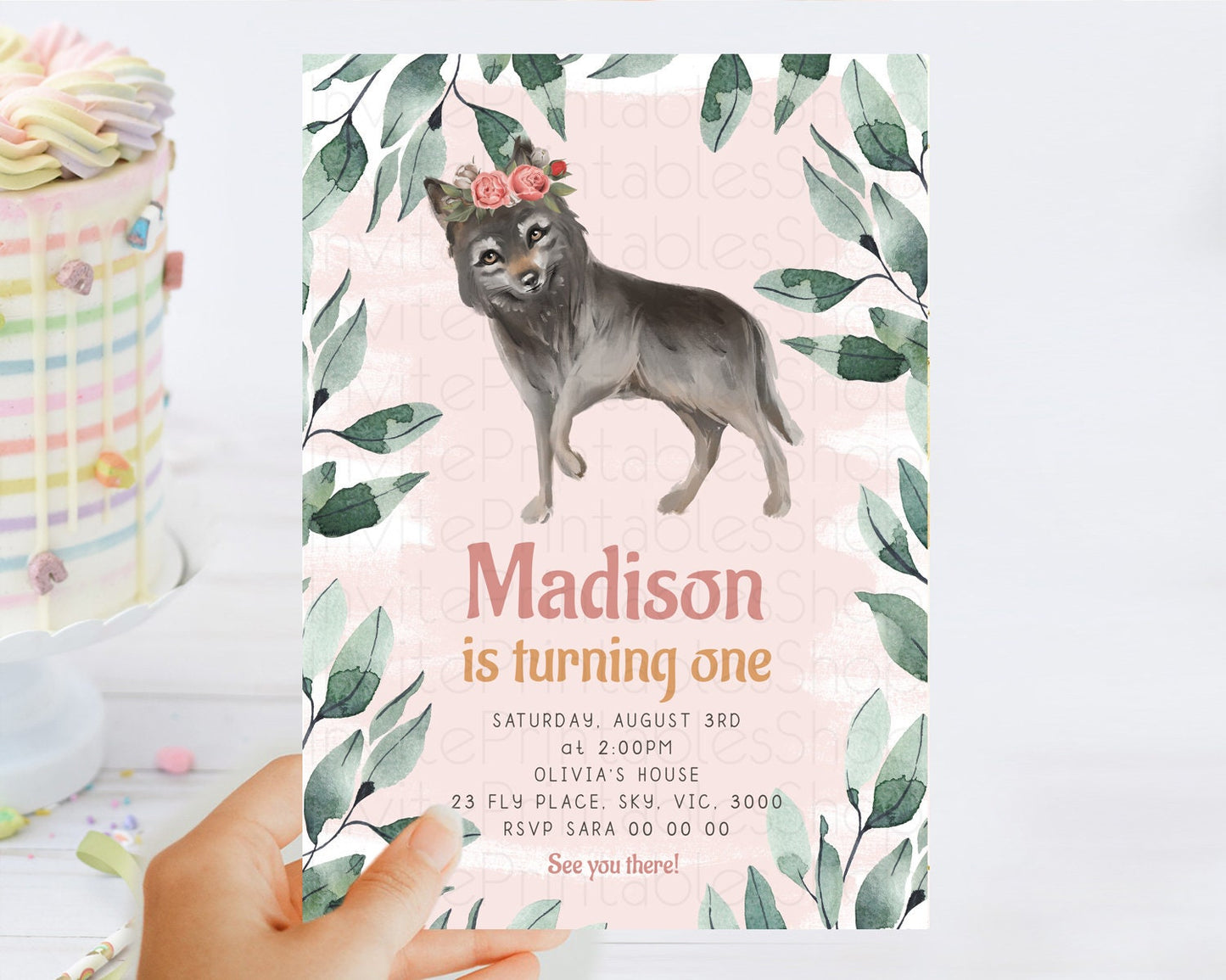 Wolf Birthday Invitation Wolf Invitation Pastel Wolf Birthday Enchanted Forest Woods Wolf Floral Invitation Howling Birthday Party D10535