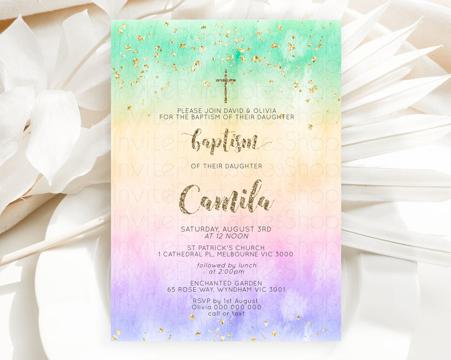 Pastel Baptism Invitation Pastel Colors Watercolor Baptism 1st Birthday Party Gold Ombre Pastel Rainbow Christening Holy Communion D10478