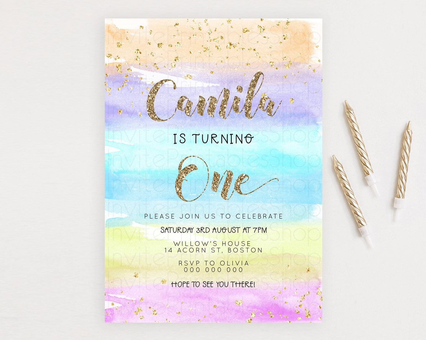 Rainbow Birthday Invitation Colorful Pastel Watercolor Invitation Gold Glitter Sprinkles Ombre Pastel 1st 2nd 3rd Birthday D23271