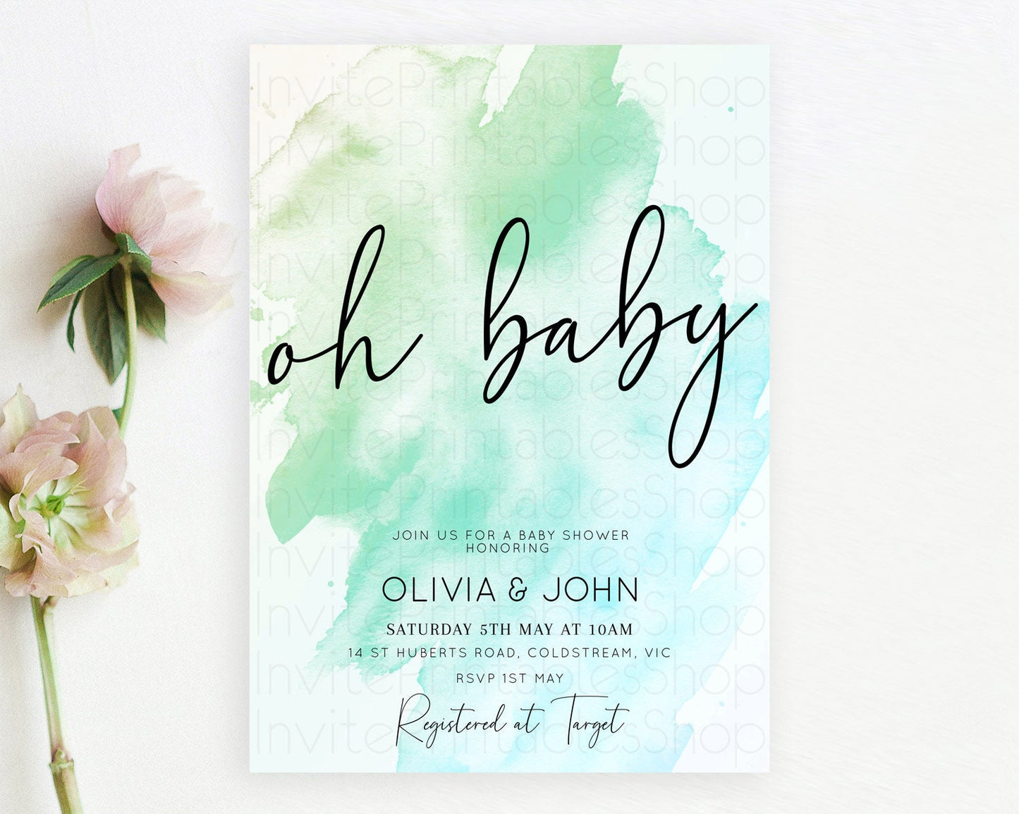 Green Baby Shower Invitation Green Watercolor Baby Shower Invitation Pastel Green Watercolor Invitation Green Splash Gold Invitation D10166