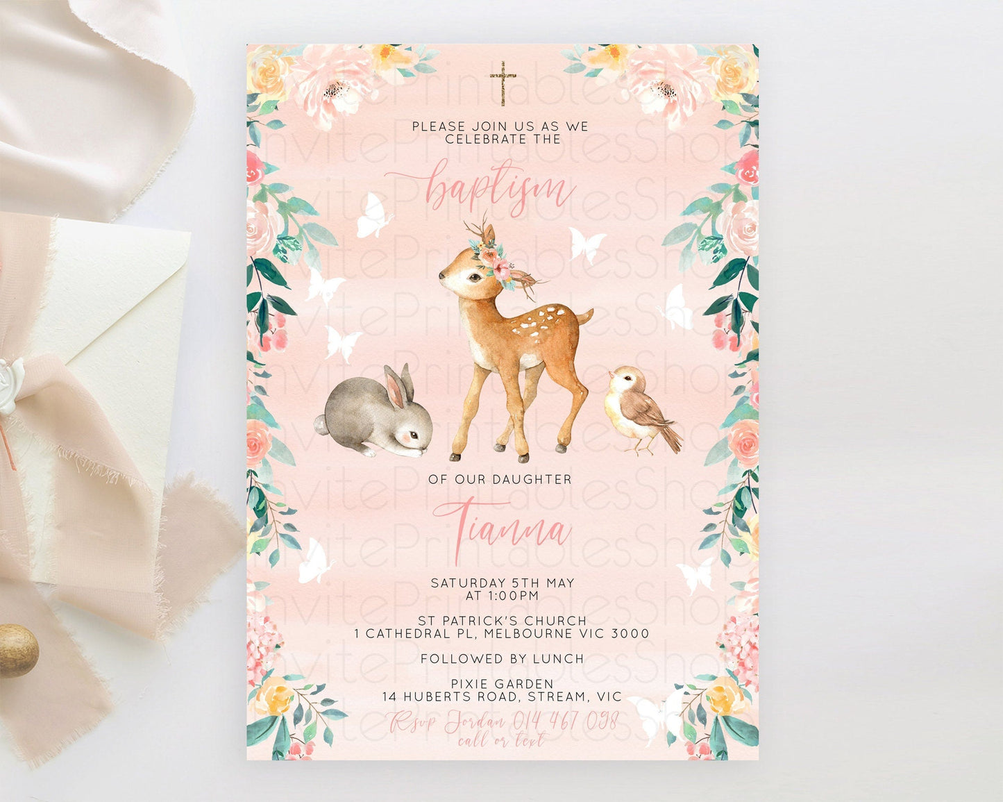 Fawn Baptism Invitation Deer Baptism 1st Birthday Invitation Enchanted Forest Christening Invitation Pastel Garden Butterfly Floral D10921