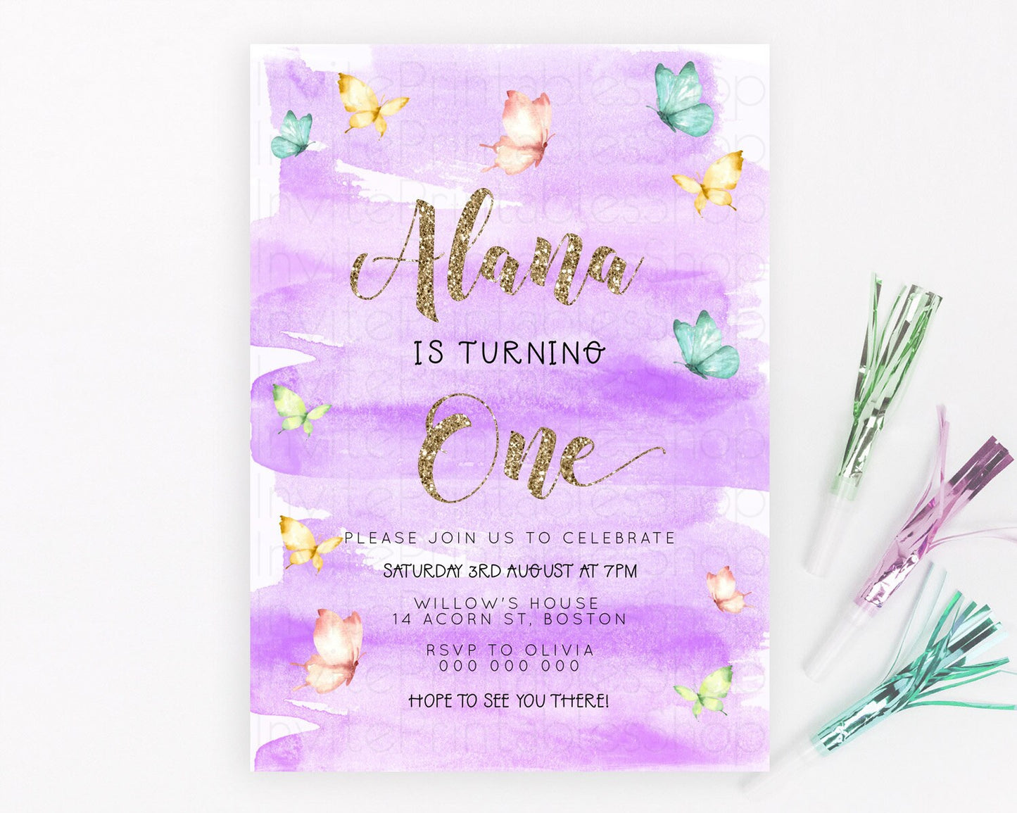 Pastel Butterfly Birthday Invitation Butterfly Birthday Invitation Colorful Splash Glitter Butterfly Garden 1st 2nd Birthday D23233