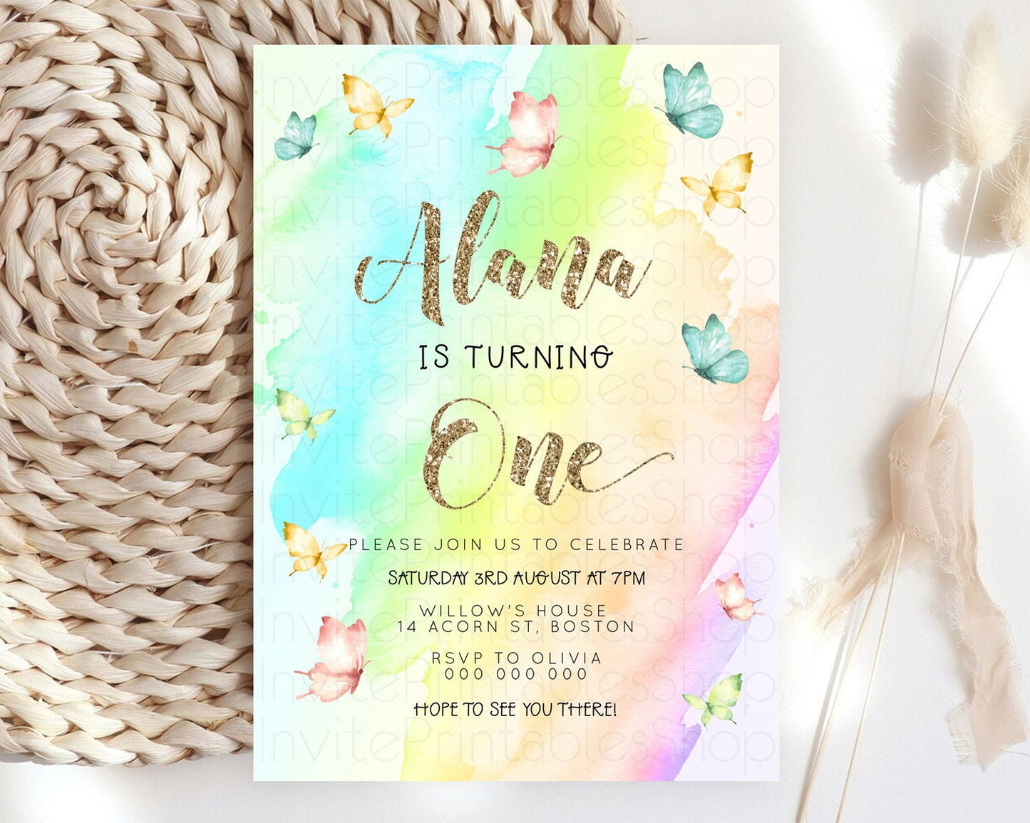 Pastel Butterfly Birthday Invitation Butterfly Birthday Invitation Colorful Splash Glitter Butterfly Garden 1st 2nd Birthday D23235