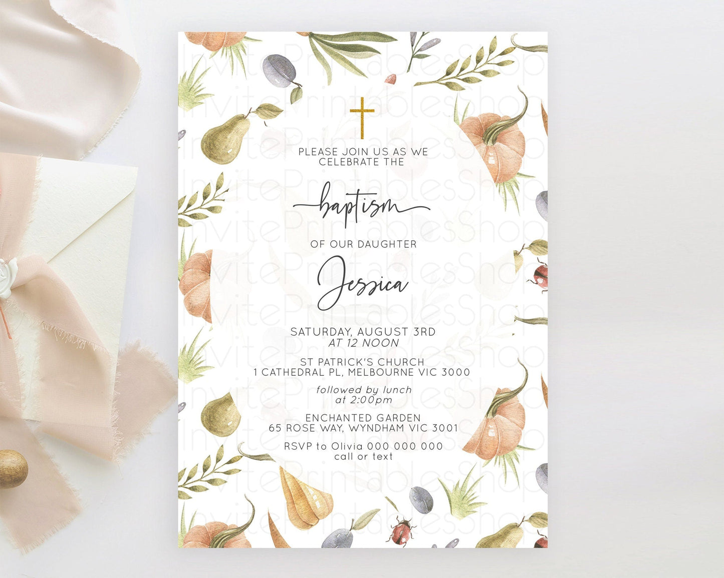 Pumpkin Baptism Invitation Pear Ladybug Plum Ladybug Baptism 1st Birthday Invitation Country Garden Holy Communion Theme D10543