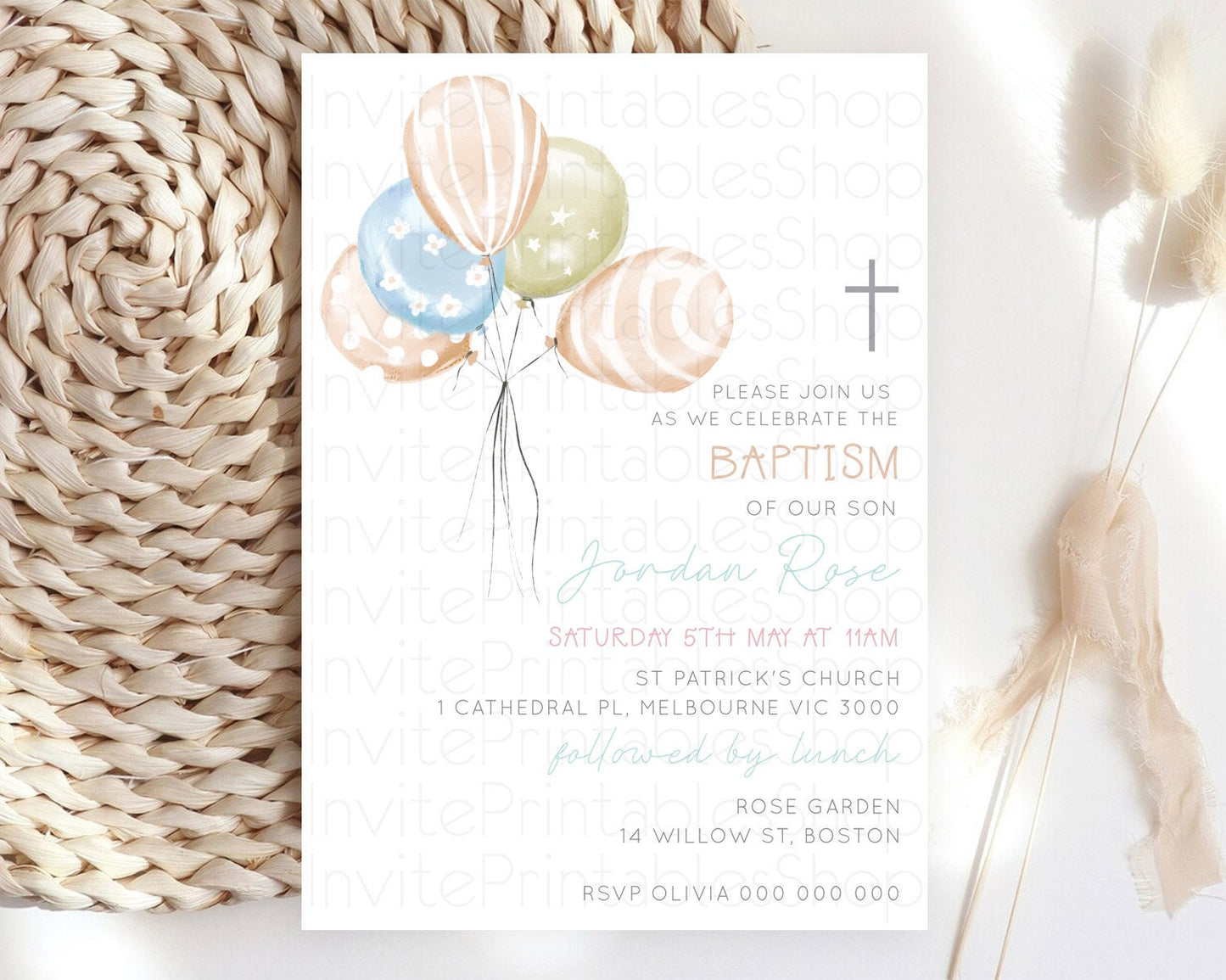 Balloon Baptism Invitation Pastel Baptism 1st Birthday Invitation Pastel Balloon Christening Invite Colorful Rainbow Balloon Invites D22999