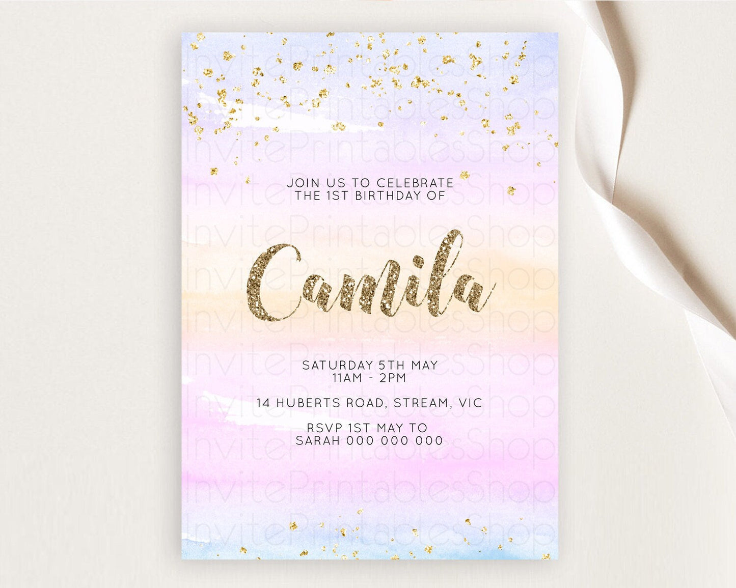 Rainbow Birthday Invitation Colorful Pastel Watercolor Invitation Gold Glitter Sprinkles Ombre Pastel 1st 2nd 3rd Birthday D10595