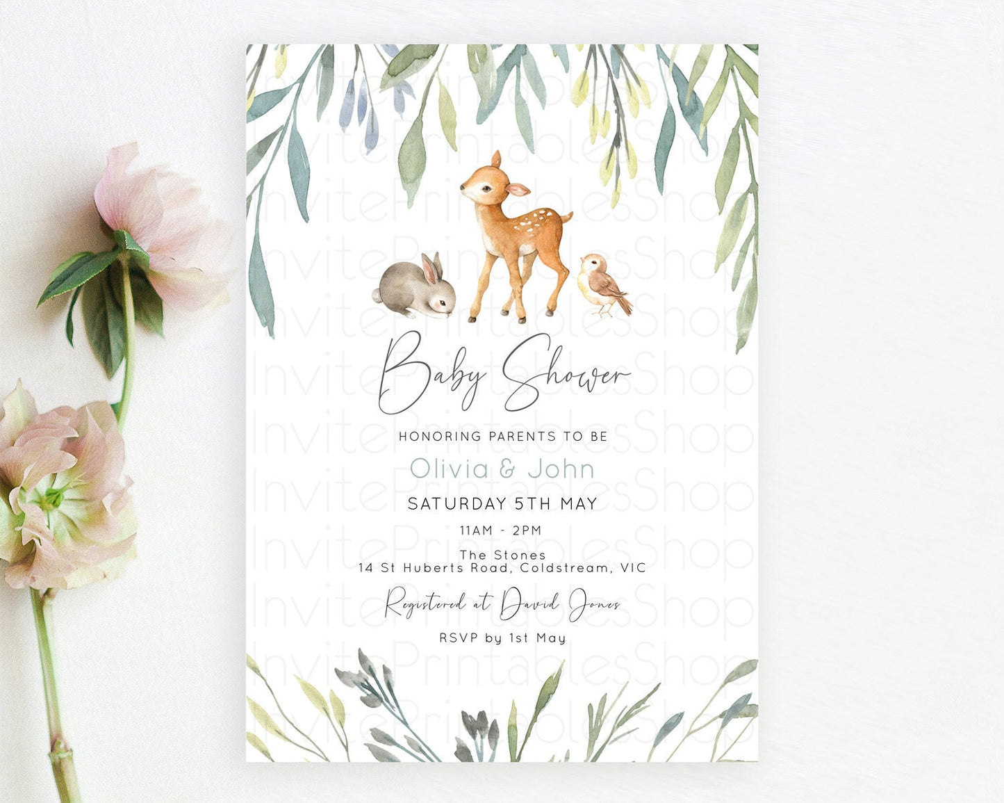 Enchanted Forest Baby Shower Invitation, Fawn, Deer with Soft Color Greenery, Whimsical Rustic Woodland Theme - Organic Pastel Green D10919