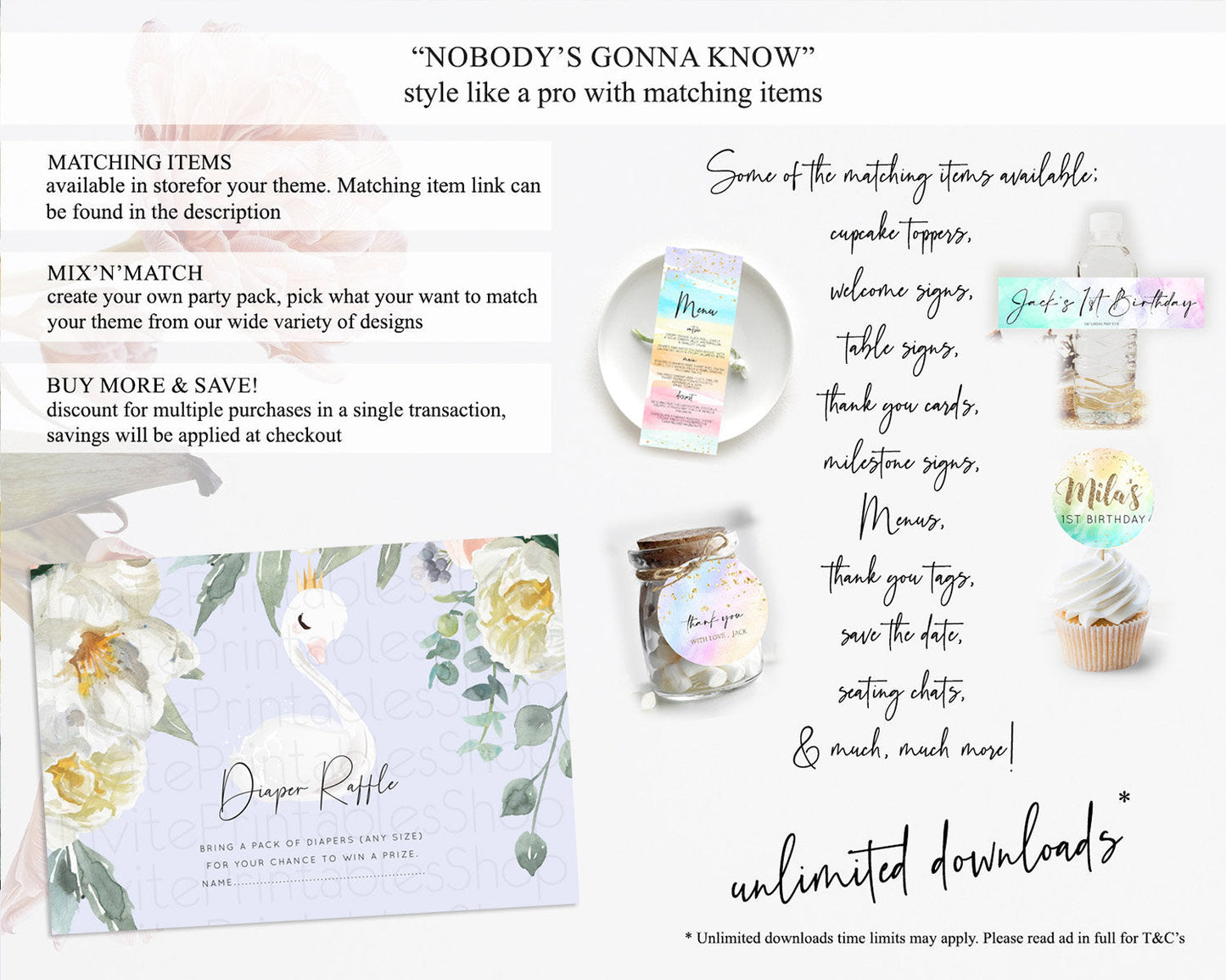 Swan Diaper Raffle Card Swan Princess Ballet Diaper Raffle Insert Enchanted Swan Lake Diaper Ticket Secret Garden Floral Raffle Game D10756