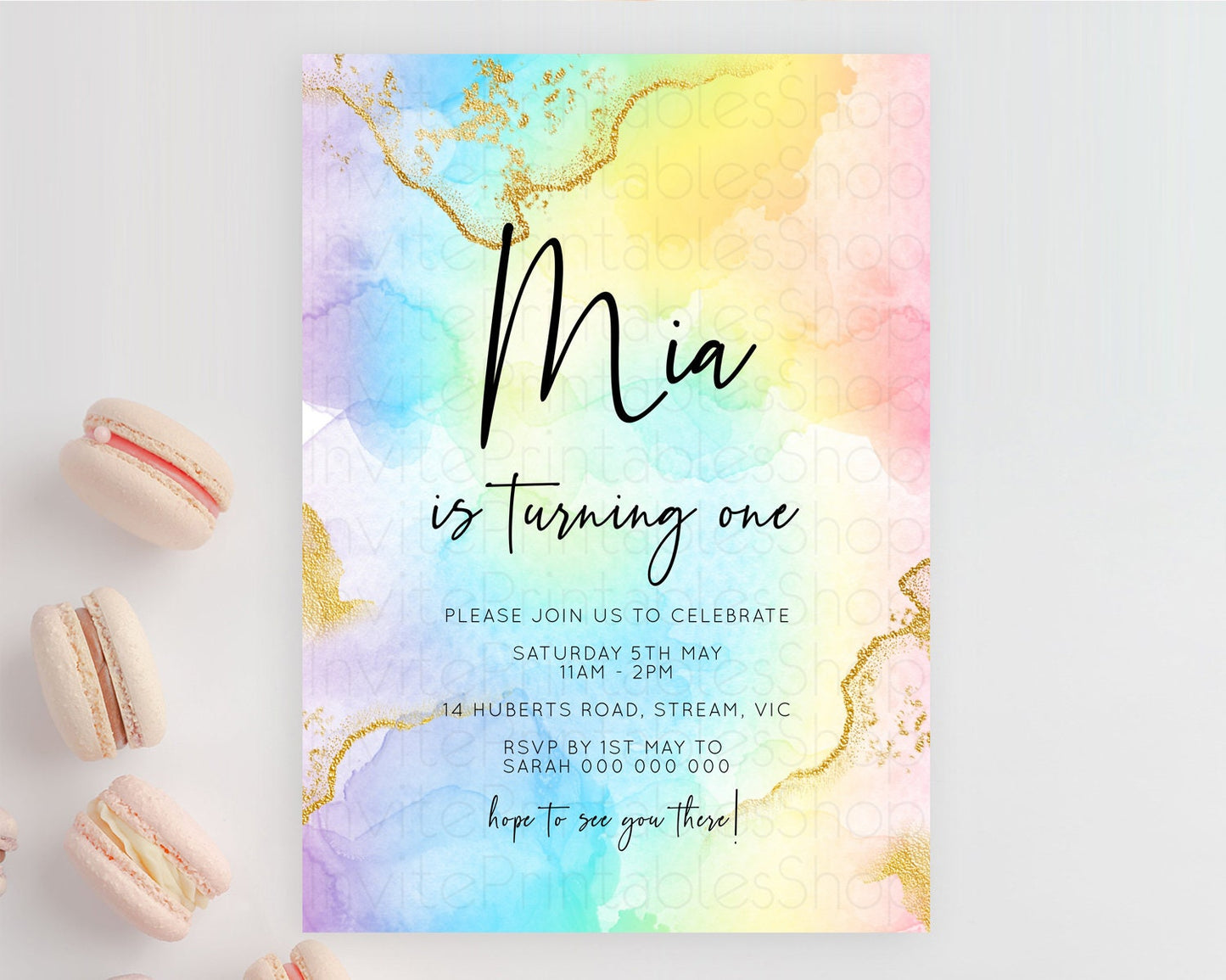 Rainbow Birthday Invitation Colorful Pastel Watercolor Invitation Gold Glitter Sprinkles Ombre Pastel 1st 2nd 3rd Birthday D10588