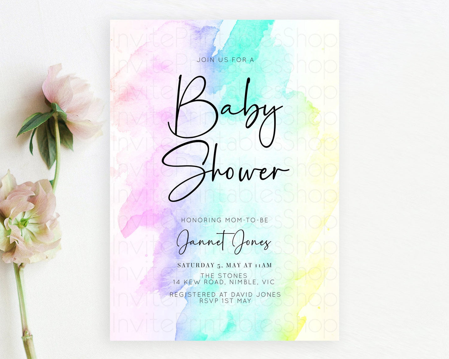 Pastel Baby Shower Invitation Rainbow Baby Shower Invitation Colorful Pastel Watercolor Invitation Gold Glitter Sprinkles Ombre D10231