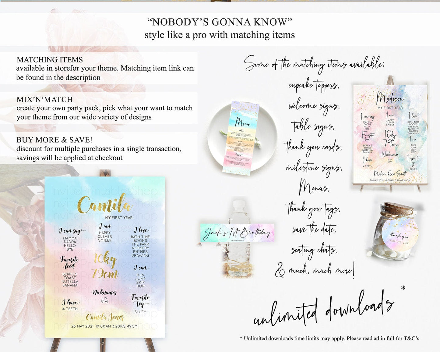 Pastel First Birthday Milestone Board Pastel Rainbow Milestone Poster Colorful Confetti Watercolor Glitter 1st Birthday Welcome Sign D10892