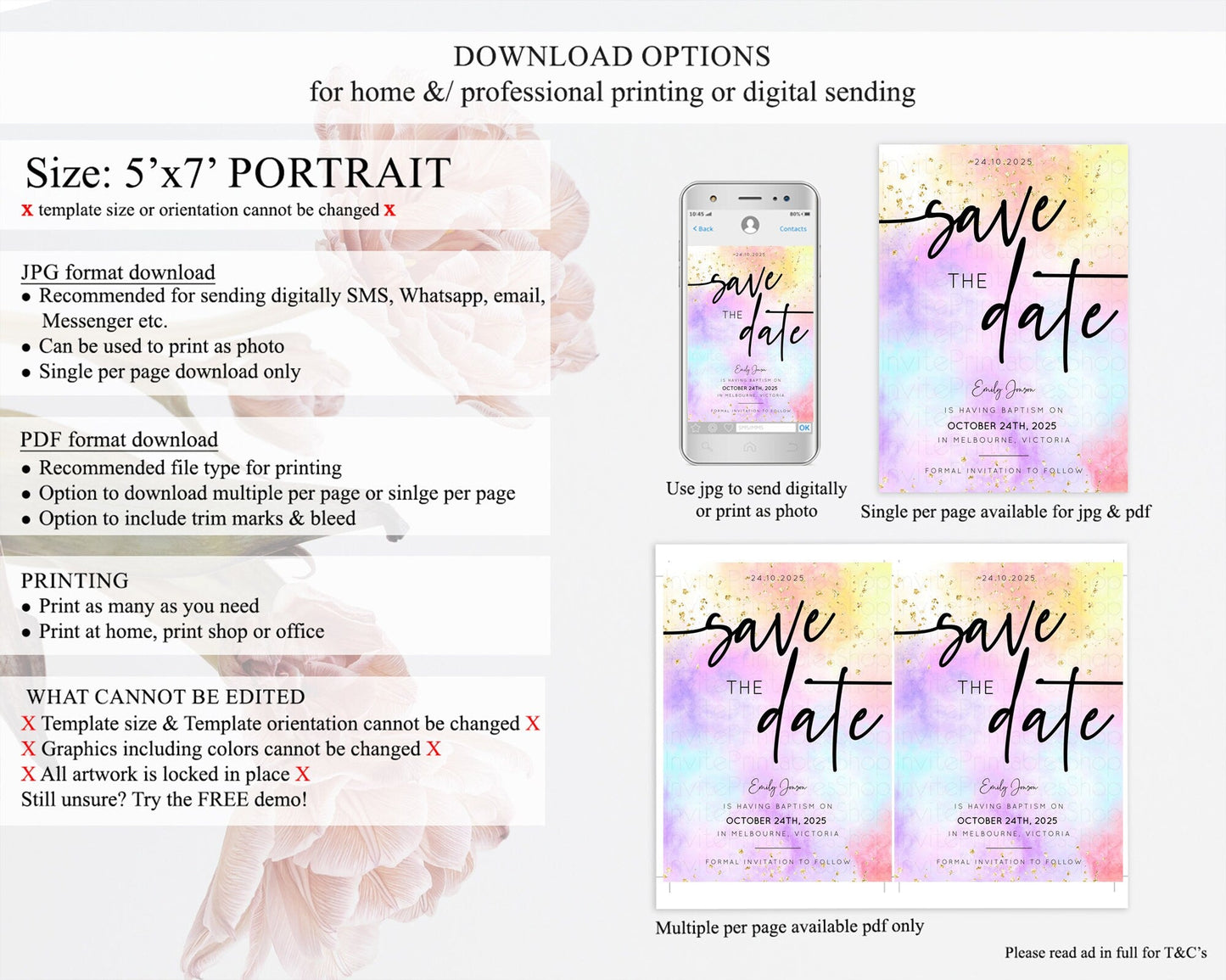 Pastel Save The Date Template Pastel Ombre Rainbow Watercolor Colorful Party For Birthday Baptism Baby Shower Wedding Bridal Shower D10437