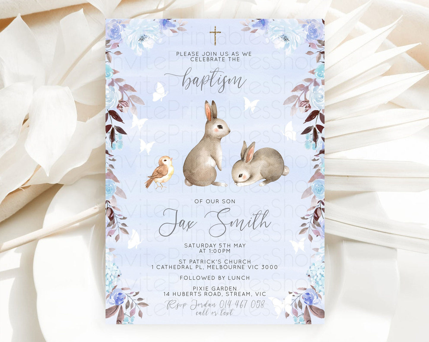 Editable Bunny Baptism Invitation Floral Bunny Baptism 1st Birthday Invitati