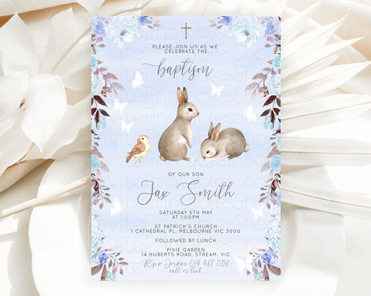 Editable Bunny Baptism Invitation Floral Bunny Baptism 1st Birthday Invitati