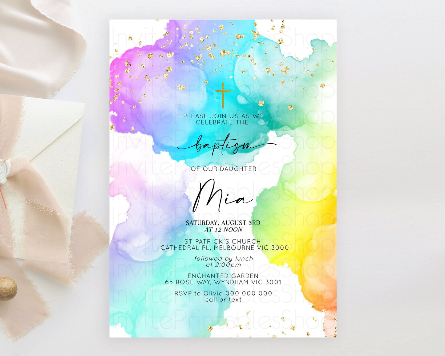 Pastel Baptism Invitation Pastel Colors Watercolor Baptism 1st Birthday Party Gold Ombre Pastel Rainbow Christening Holy Communion D10213