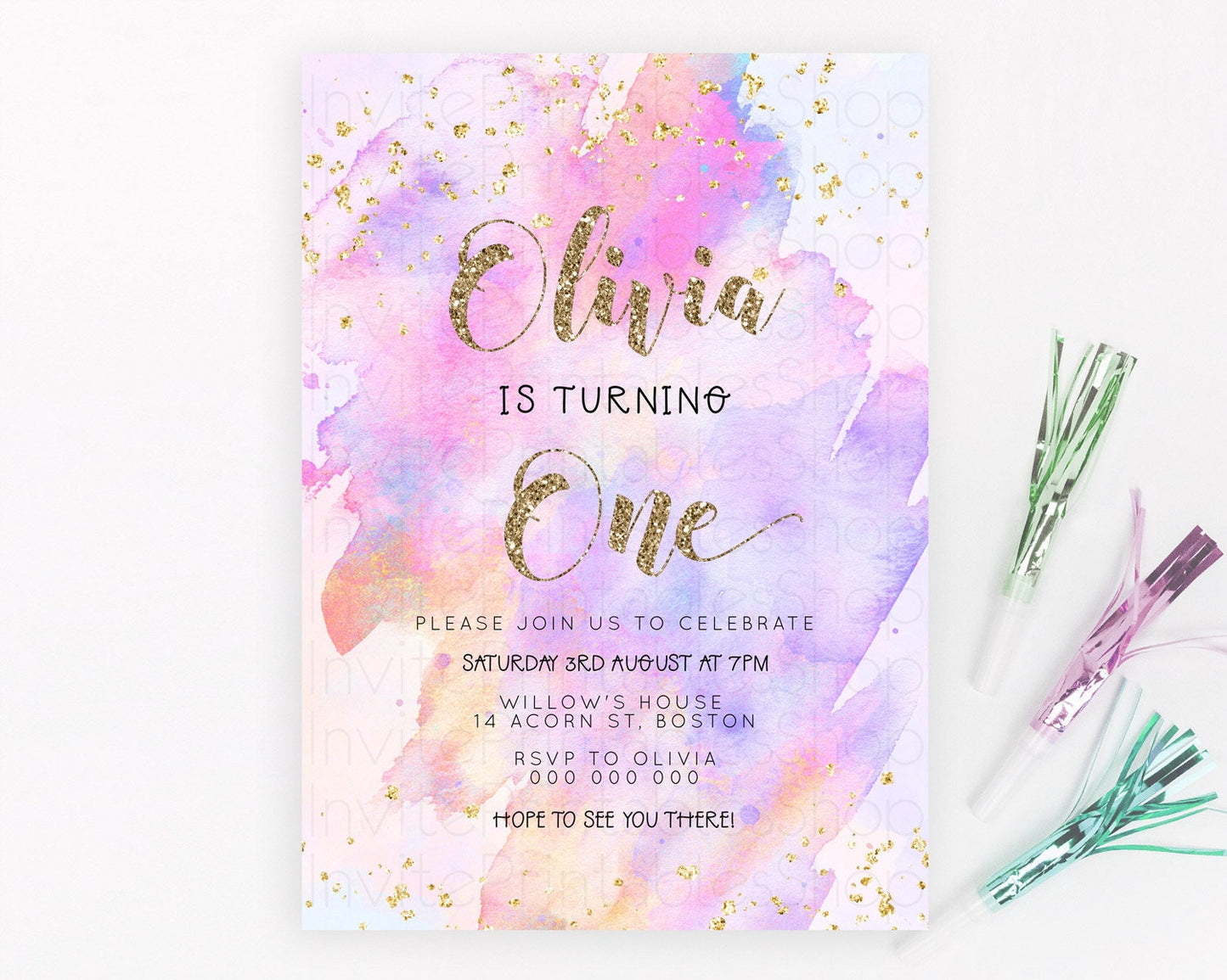 Rainbow Birthday Invitation Colorful Pastel Watercolor Invitation Gold Glitter Sprinkles Ombre Pastel 1st 2nd 3rd Birthday D23298