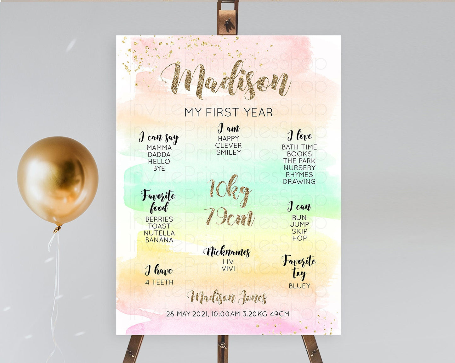 Pastel First Birthday Milestone Board Pastel Rainbow Milestone Poster Colorful Confetti Watercolor Glitter 1st Birthday Welcome Sign D10592